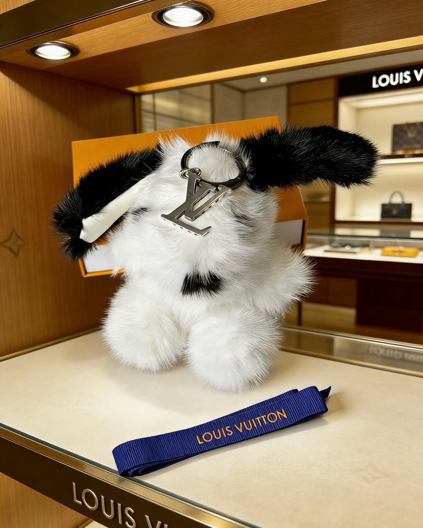 Louis Vuitton White and Black Furry Keychain